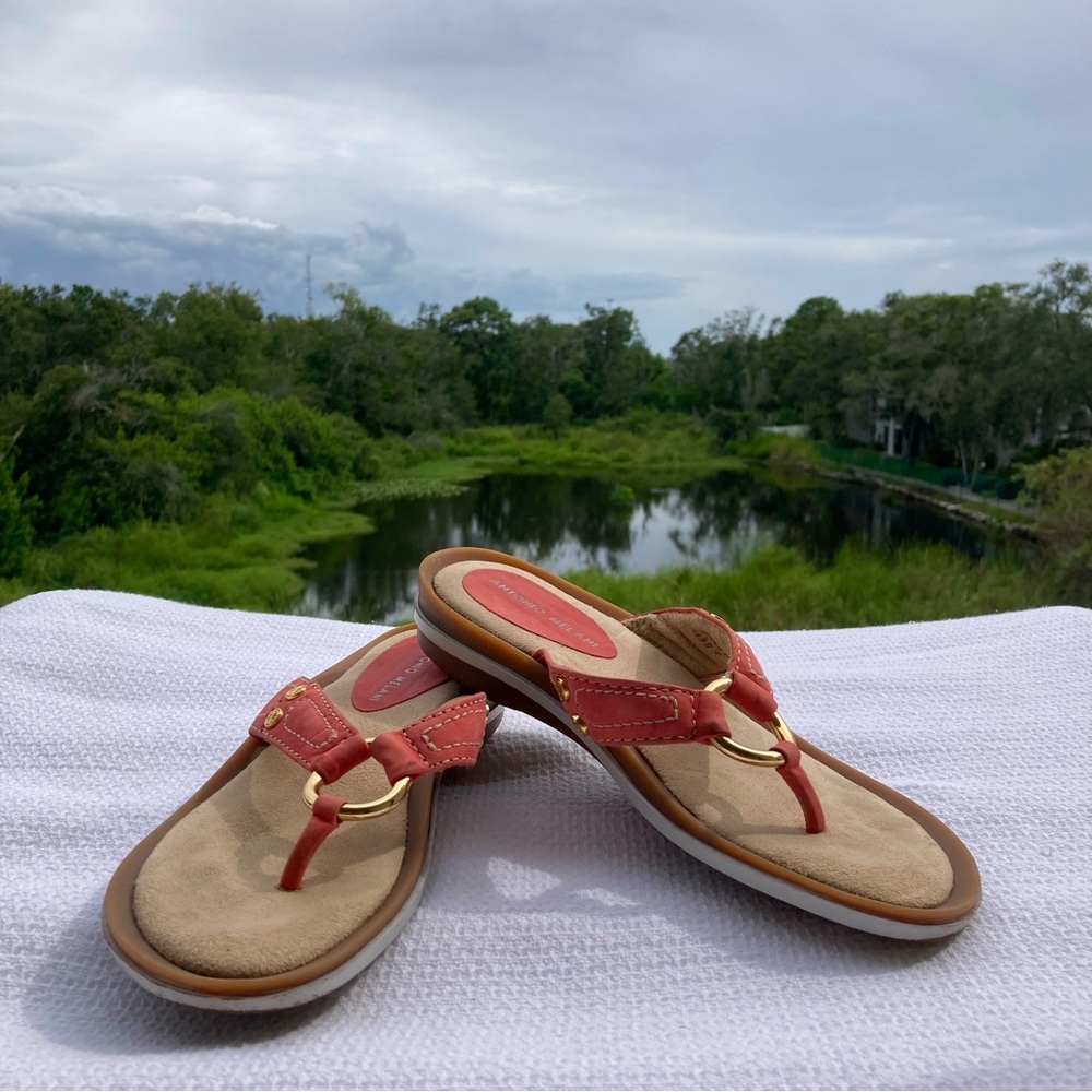 Genuine Leather ANTONIO MELANI Red Coral and Tan Sandals with Gold Details